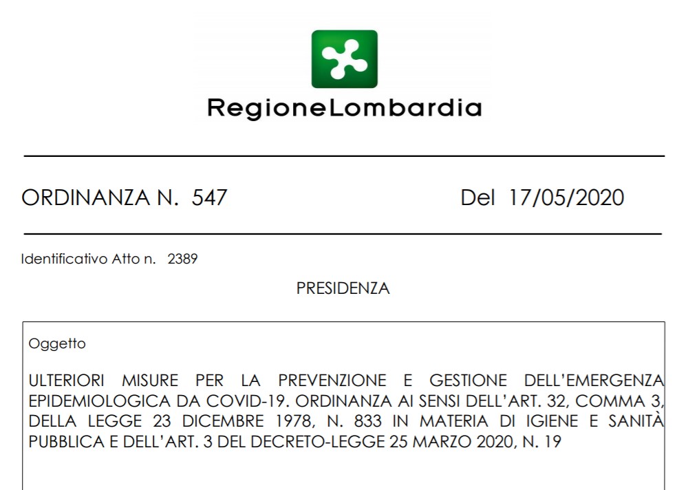 Emergenza epidemiologica ordinanza n. 547 Regione Lombardia